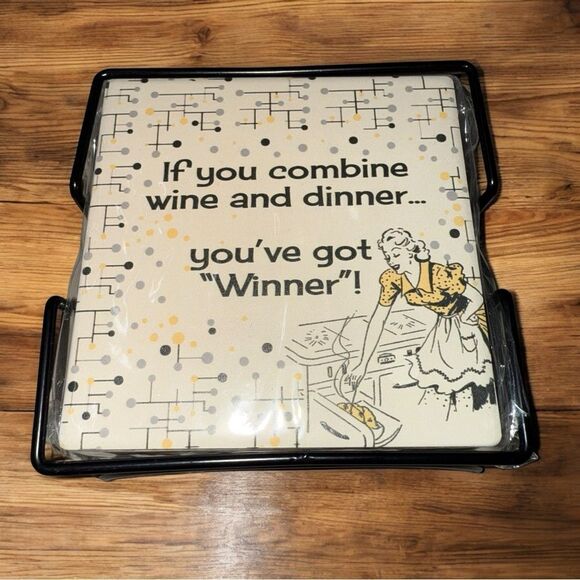 New Primitive by Kathy Retro 4”x 4” Coaster Set with Holder - Picture 1 of 5